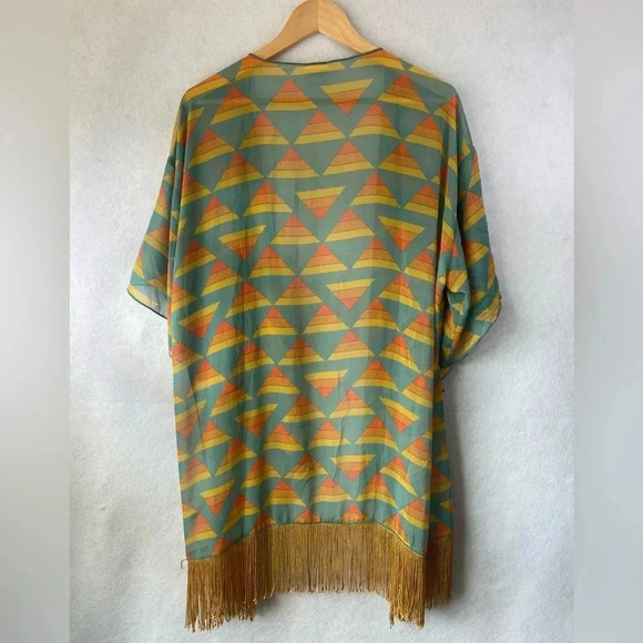 NWT LuLaRoe‎ Large Green Gold Monroe Sheer Kimono Beach Swim Cover Up Fringed L - Picture 9 of 10